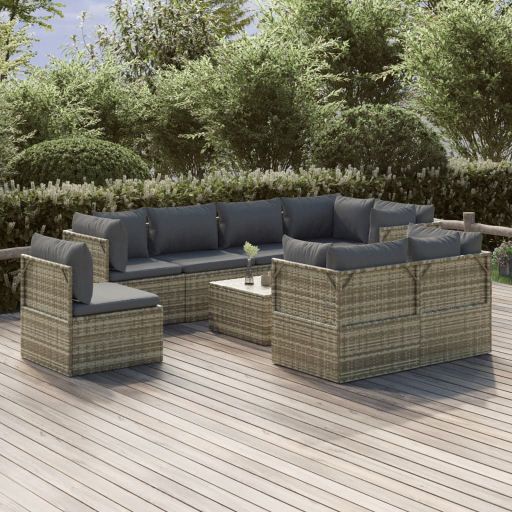 vidaXL 10-tlg. Garten-Lounge-Set mit Kissen Grau Poly Rattan