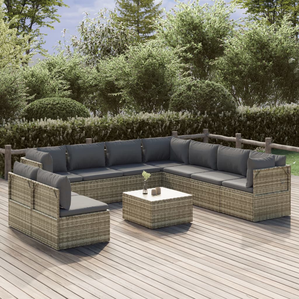 vidaXL 10-tlg. Garten-Lounge-Set mit Kissen Grau Poly Rattan