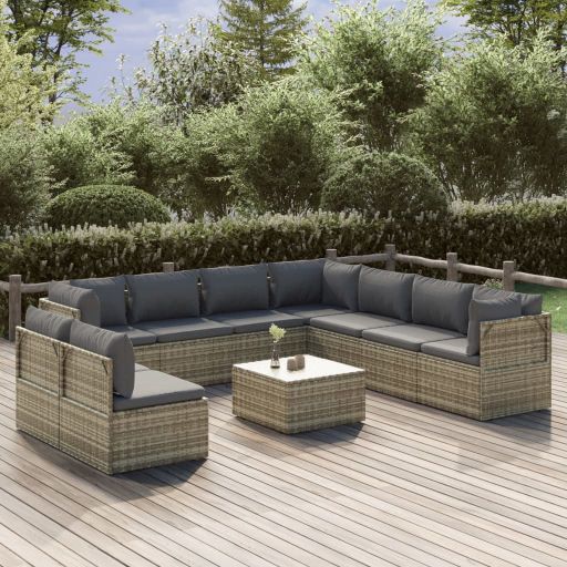 vidaXL 10-tlg. Garten-Lounge-Set mit Kissen Grau Poly Rattan