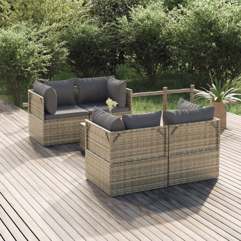 6-tlg. Garten-Lounge-Set mit Kissen Grau Poly Rattan