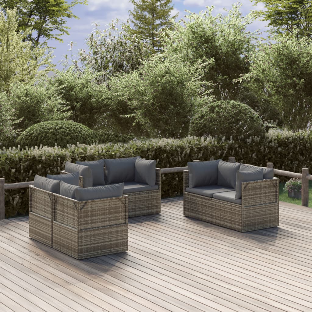7-tlg. Garten-Lounge-Set mit Kissen Grau Poly Rattan