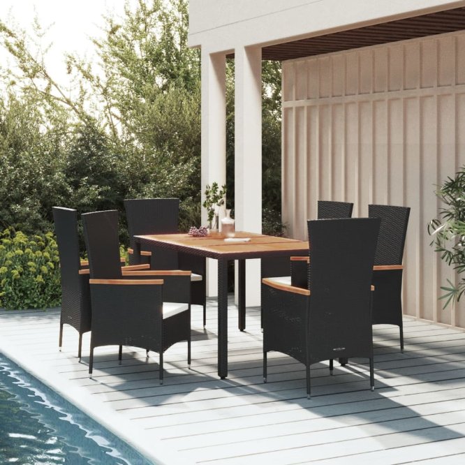 3-tlg. Garten-Essgruppe mit Kissen Schwarz Poly Rattan