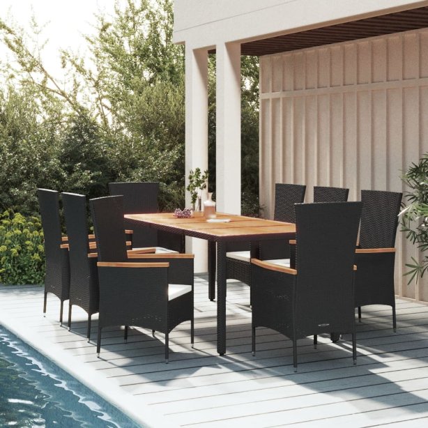 3-tlg. Garten-Essgruppe mit Kissen Schwarz Poly Rattan