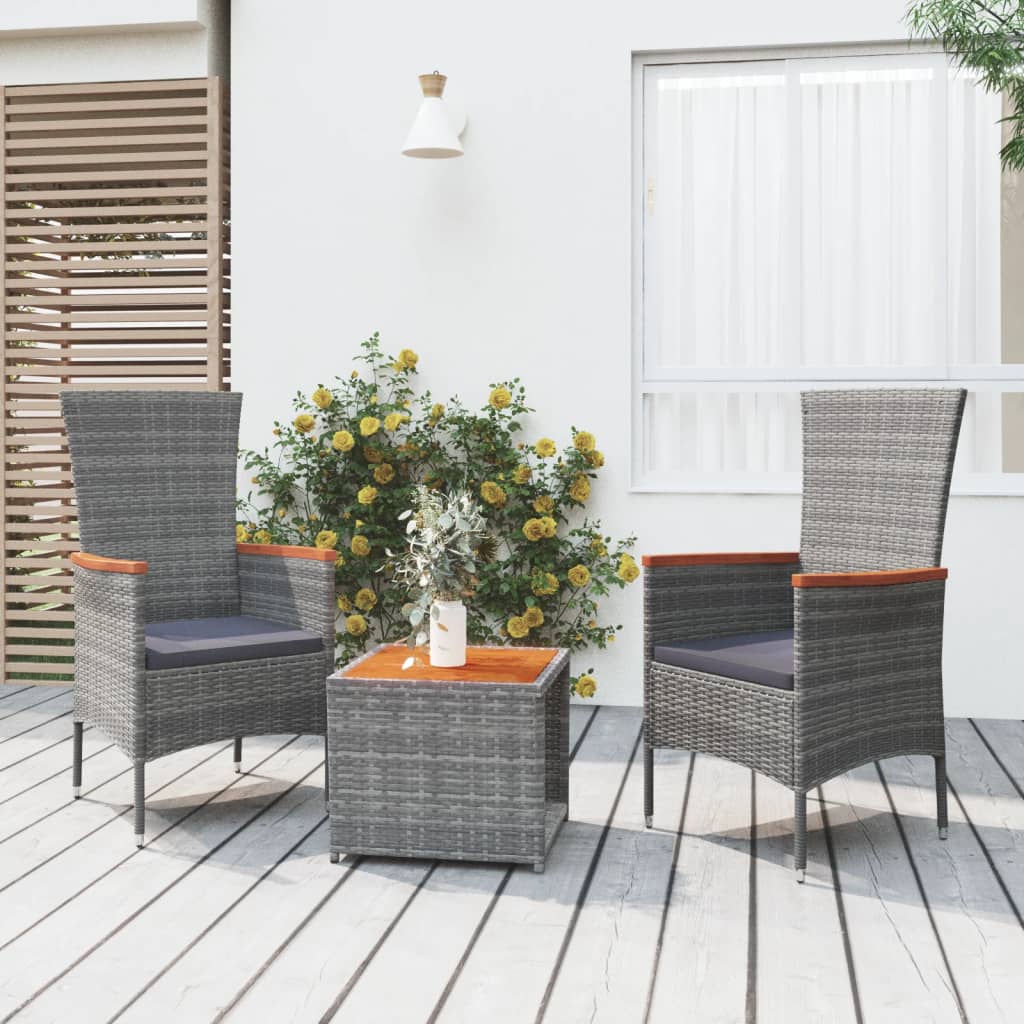 3-tlg. Garten-Lounge-Set Schwarz Poly Rattan Massivholz Akazie