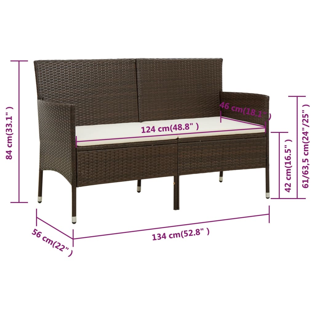 vidaXL Gartensofa 3-Sitzer mit Kissen Braun Poly Rattan