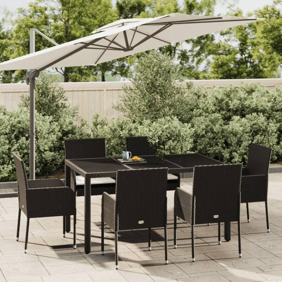 3-tlg. Garten-Essgruppe mit Kissen Schwarz Poly Rattan