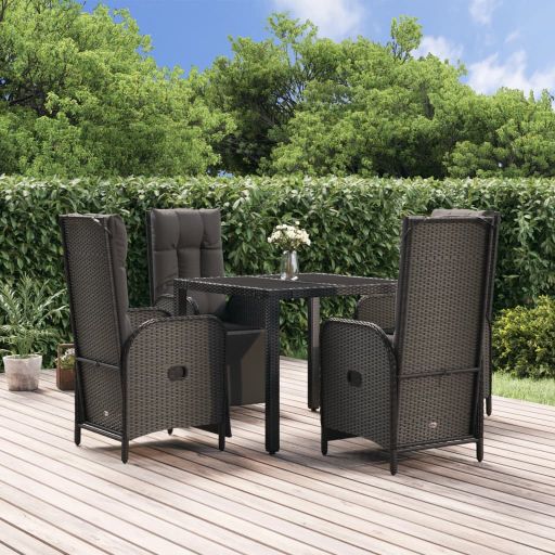 3-tlg. Garten-Essgruppe mit Kissen Schwarz Poly Rattan