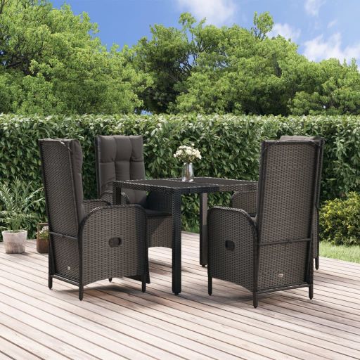 3-tlg. Garten-Essgruppe mit Kissen Schwarz Poly Rattan