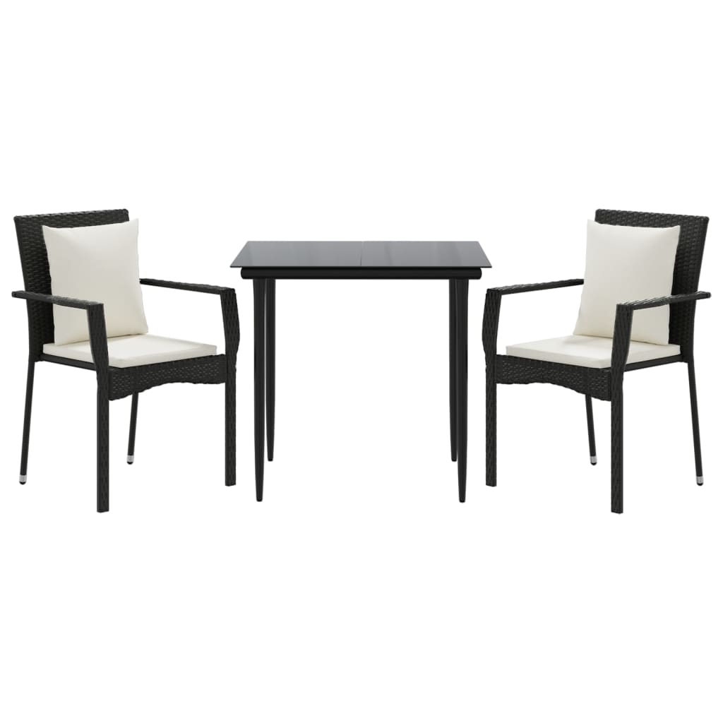 3-tlg. Garten-Essgruppe mit Kissen Schwarz Poly Rattan