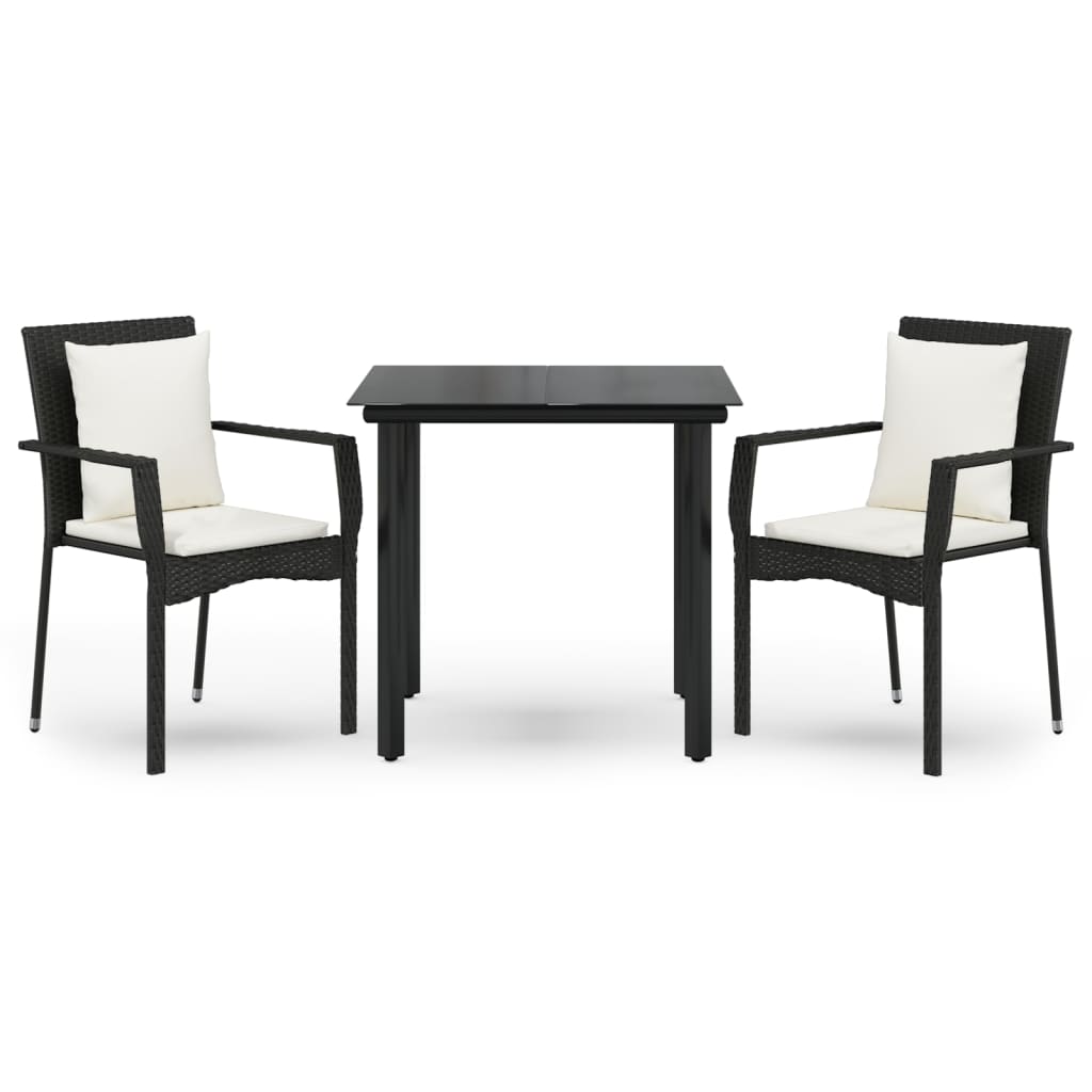 3-tlg. Garten-Essgruppe mit Kissen Schwarz Poly Rattan