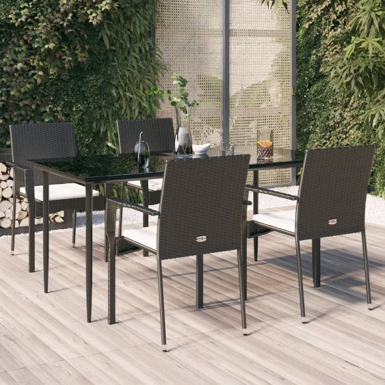 3-tlg. Garten-Essgruppe mit Kissen Schwarz Poly Rattan