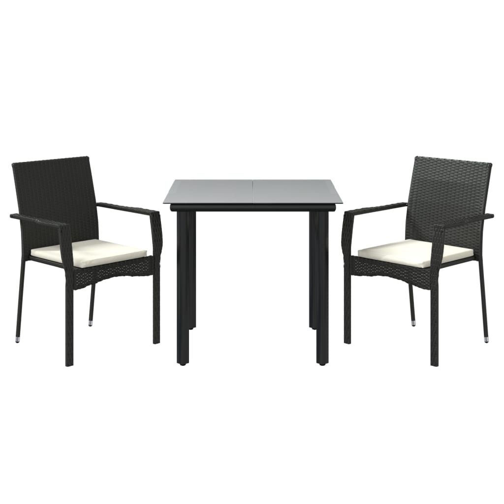 3-tlg. Garten-Essgruppe mit Kissen Schwarz Poly Rattan