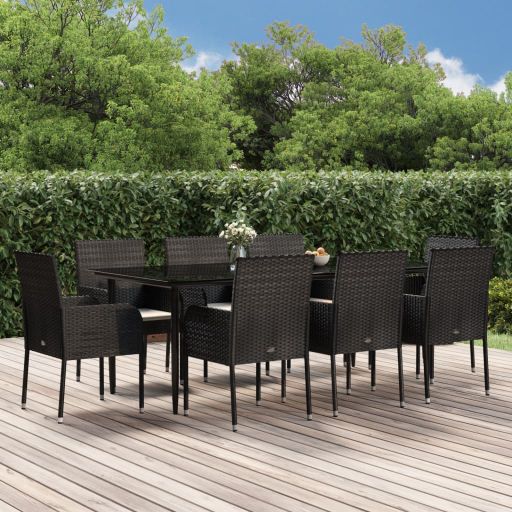3-tlg. Garten-Essgruppe mit Kissen Schwarz Poly Rattan