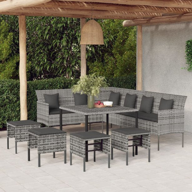 6-tlg. Garten-Essgruppe mit Kissen Schwarz Poly Rattan