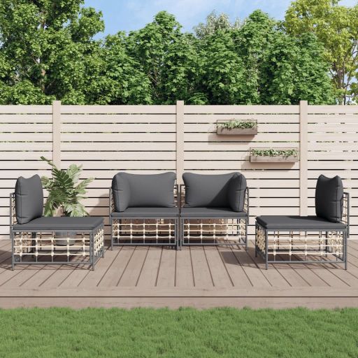 vidaXL 4-tlg. Garten-Lounge-Set mit Kissen Anthrazit Poly Rattan