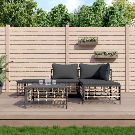 vidaXL 3-tlg. Garten-Lounge-Set mit Kissen Anthrazit Poly Rattan