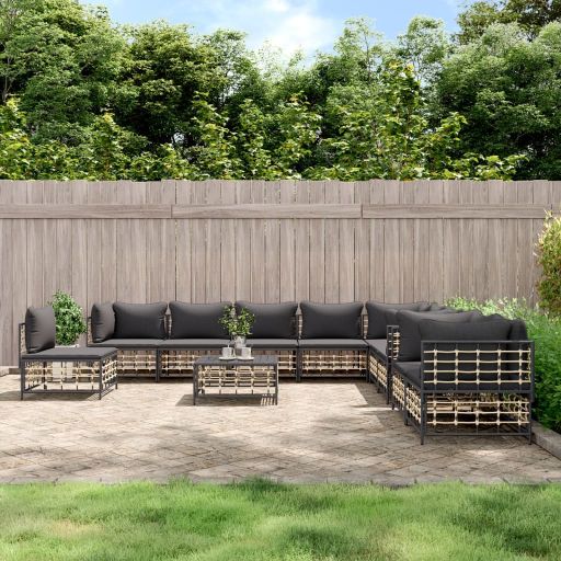 vidaXL 11-tlg. Garten-Lounge-Set mit Kissen Anthrazit Poly Rattan