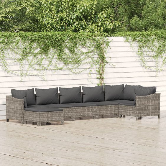 6-tlg. Garten-Lounge-Set mit Kissen Grau Poly Rattan