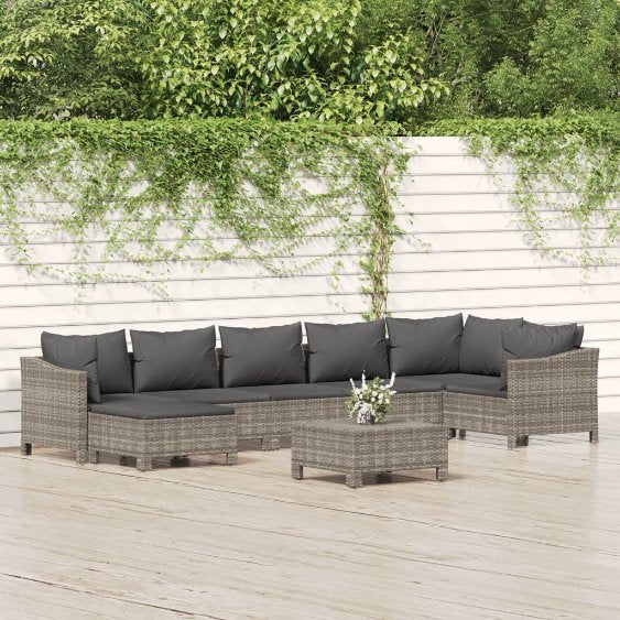 6-tlg. Garten-Lounge-Set mit Kissen Grau Poly Rattan