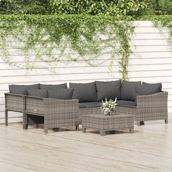 6-tlg. Garten-Lounge-Set mit Kissen Grau Poly Rattan