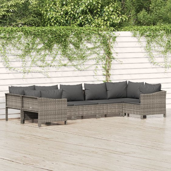 6-tlg. Garten-Lounge-Set mit Kissen Grau Poly Rattan