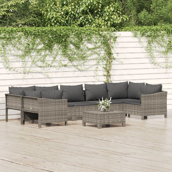 6-tlg. Garten-Lounge-Set mit Kissen Grau Poly Rattan