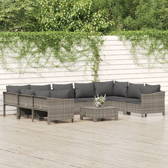 9-tlg. Garten-Lounge-Set mit Kissen Grau Poly Rattan