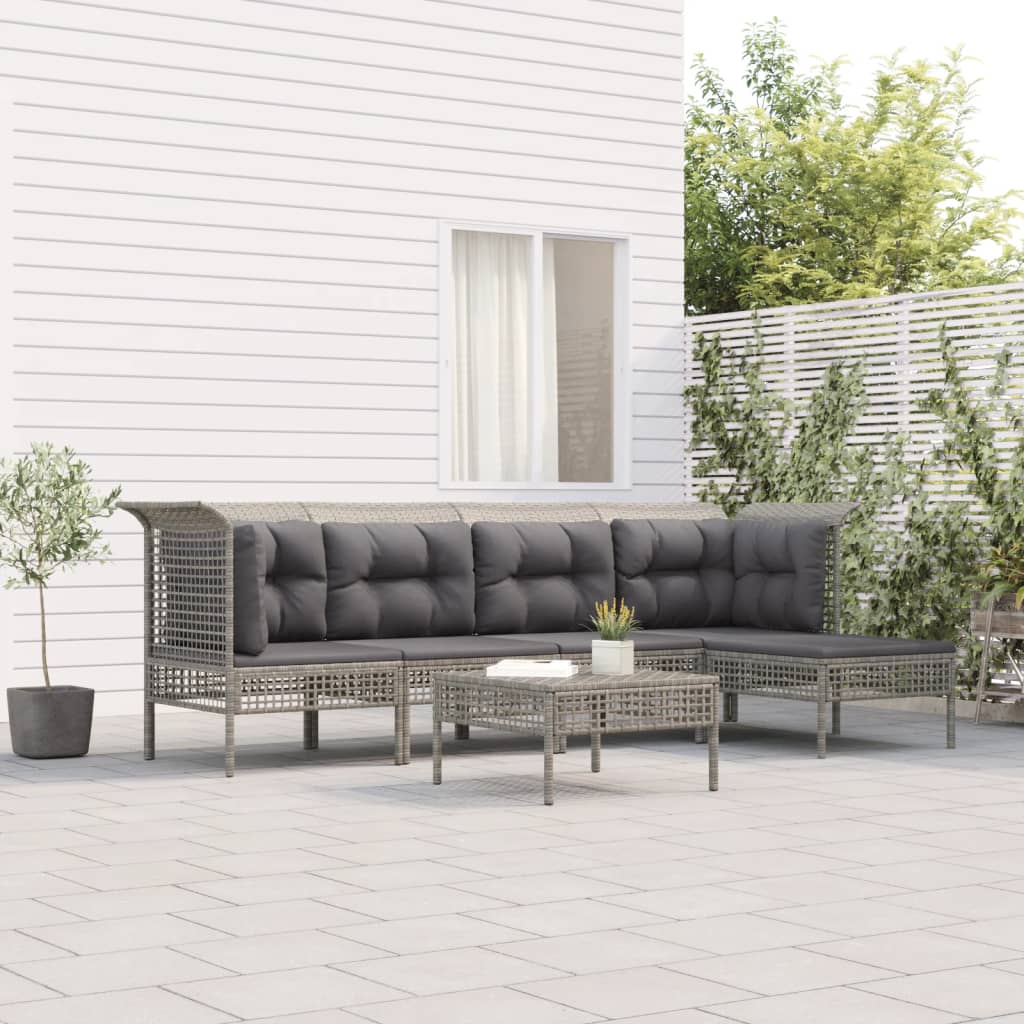 5-tlg. Garten-Lounge-Set mit Kissen Grau Poly Rattan