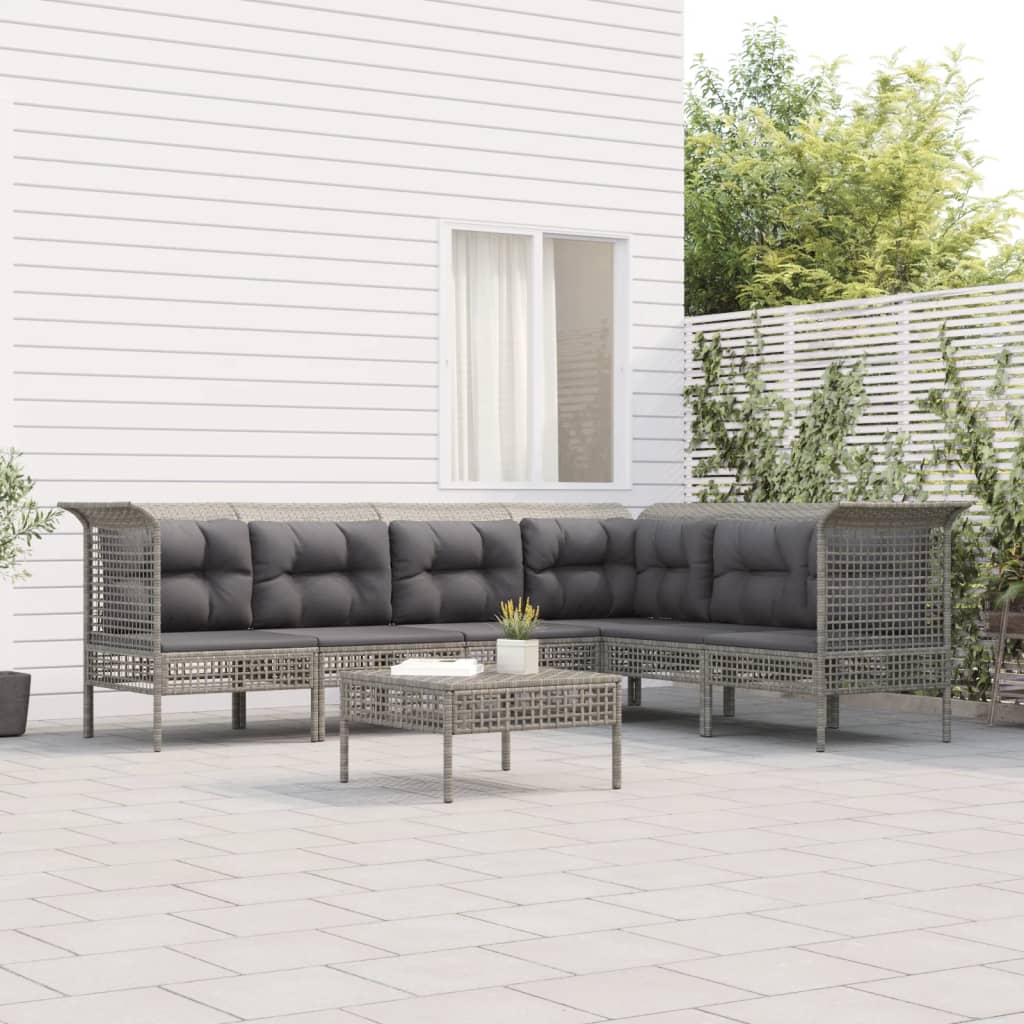 6-tlg. Garten-Lounge-Set mit Kissen Grau Poly Rattan