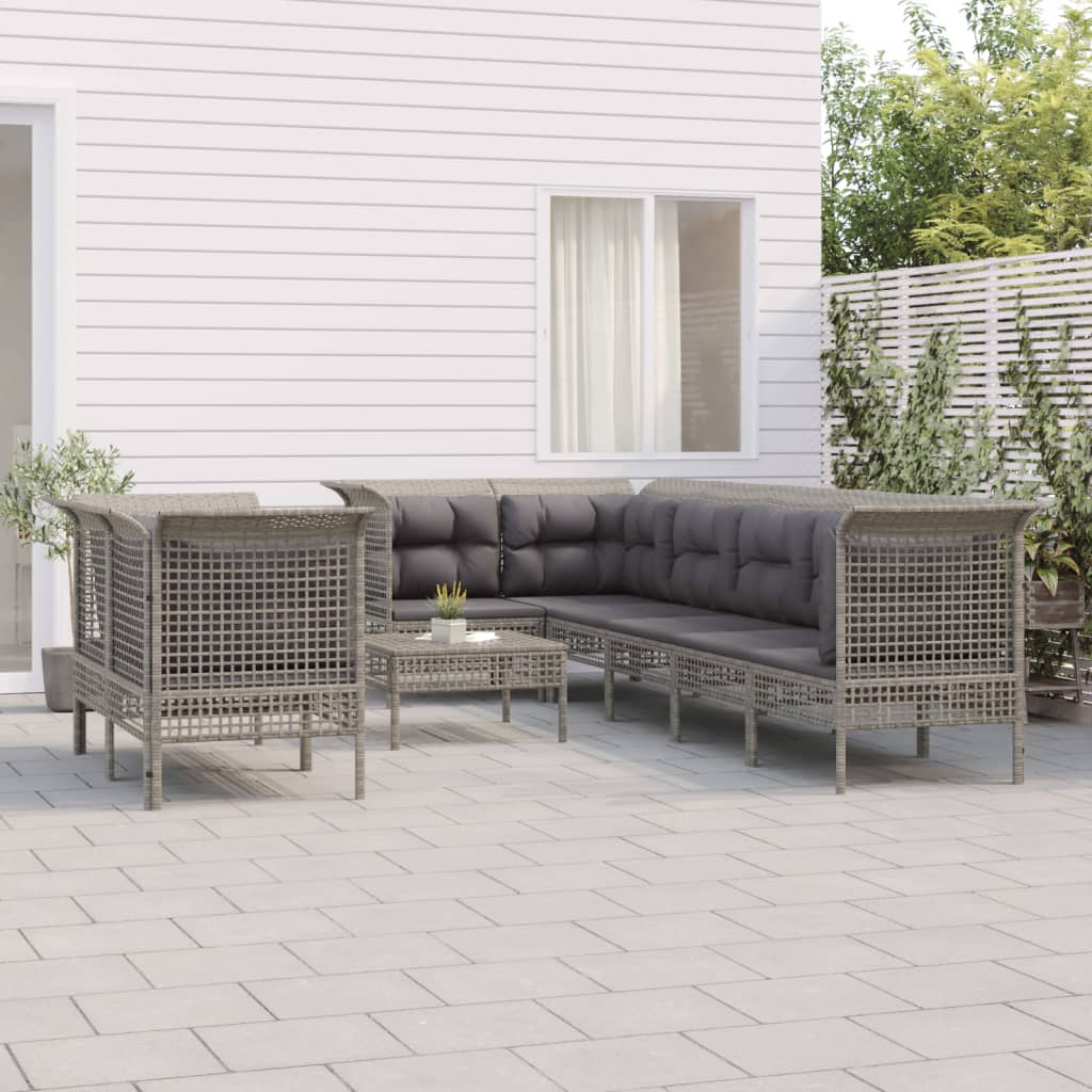 8-tlg. Garten-Lounge-Set mit Kissen Grau Poly Rattan
