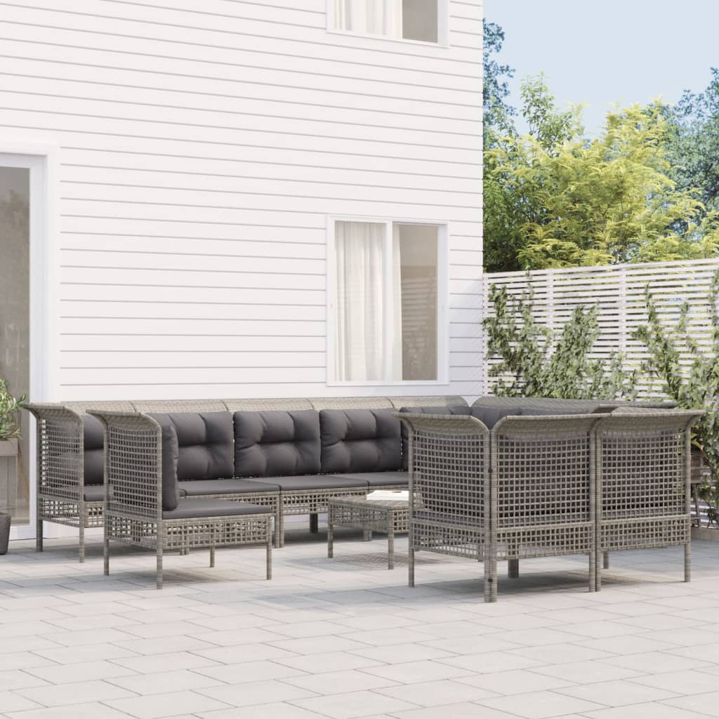 9-tlg. Garten-Lounge-Set mit Kissen Grau Poly Rattan