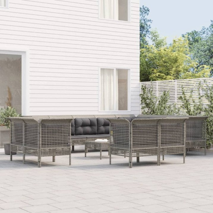 9-tlg. Garten-Lounge-Set mit Kissen Grau Poly Rattan