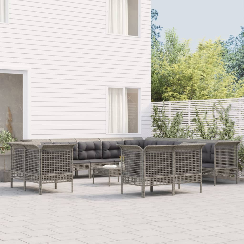 9-tlg. Garten-Lounge-Set mit Kissen Grau Poly Rattan