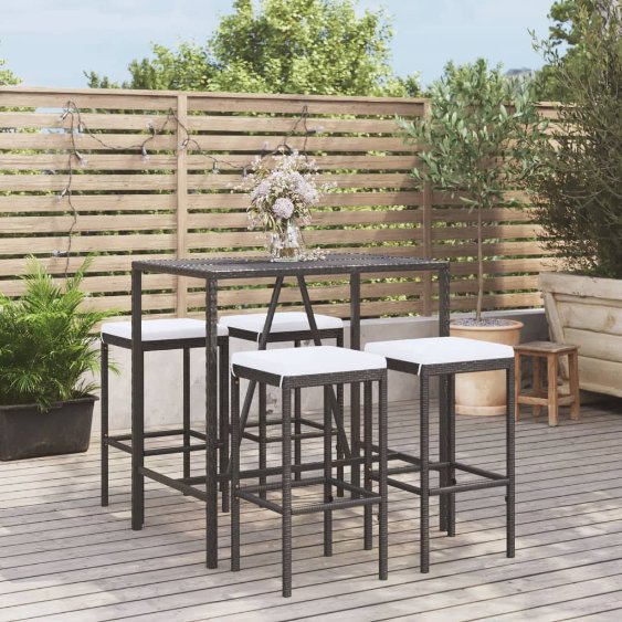 3-tlg. Gartenbar-Set mit Kissen Schwarz Poly Rattan