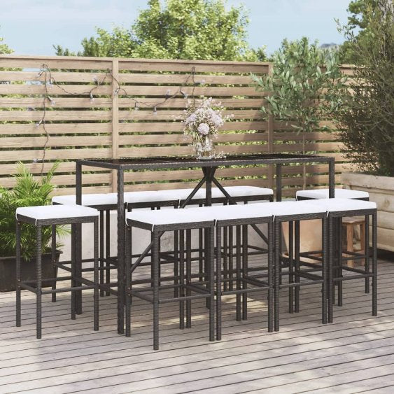 3-tlg. Gartenbar-Set mit Kissen Schwarz Poly Rattan