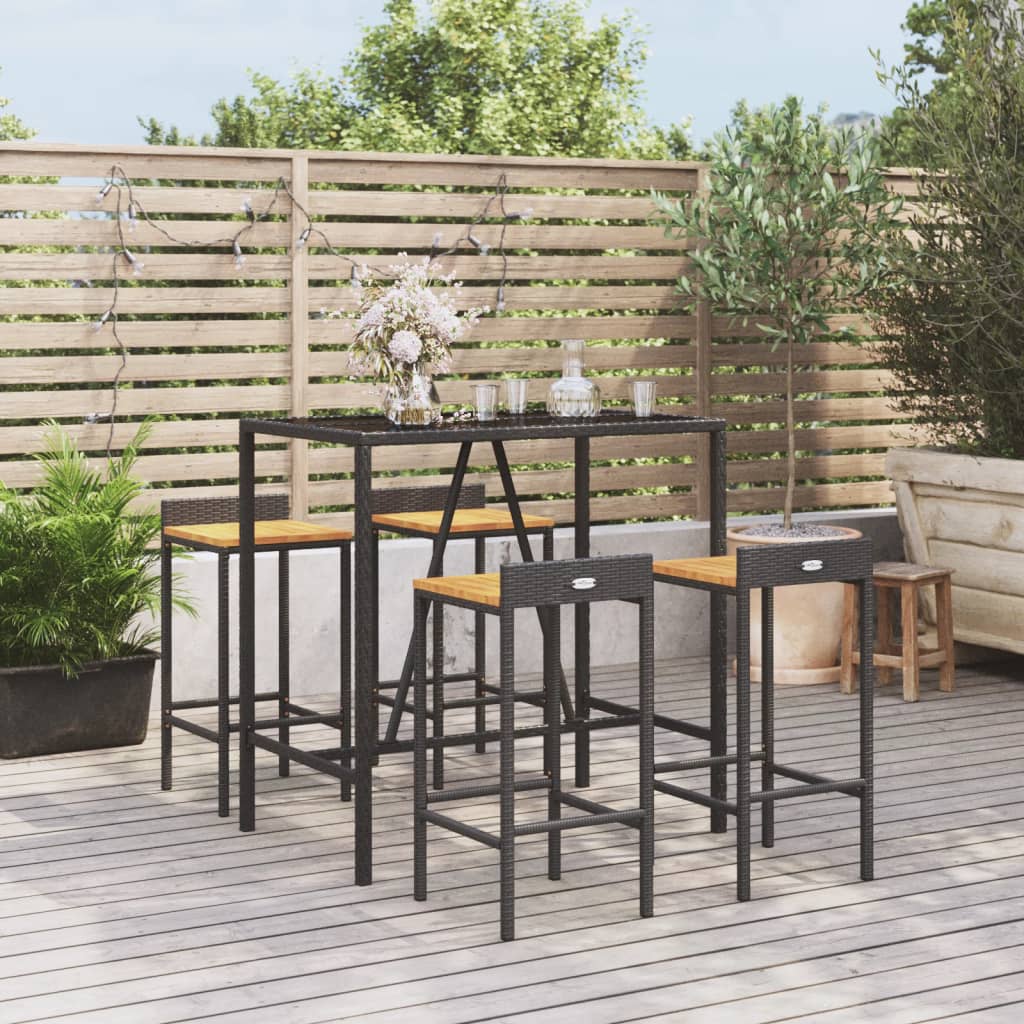 3-tlg. Gartenbar-Set Schwarz Poly Rattan & Massivholz Akazie