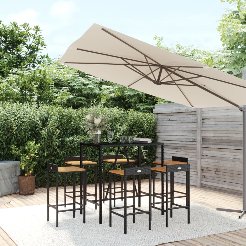 3-tlg. Gartenbar-Set Schwarz Poly Rattan & Massivholz Akazie