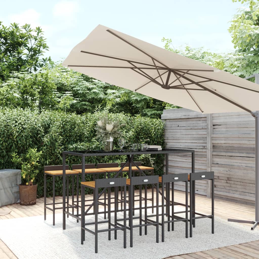 3-tlg. Gartenbar-Set Schwarz Poly Rattan & Massivholz Akazie
