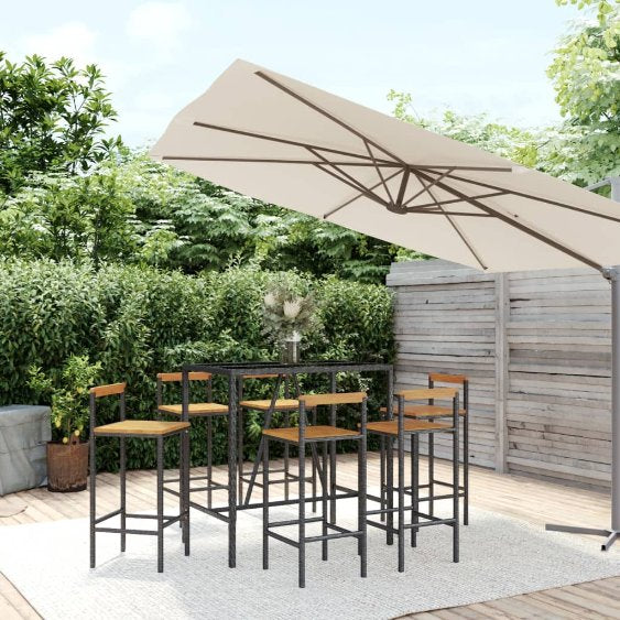 3-tlg. Gartenbar-Set Schwarz Poly Rattan & Massivholz Akazie