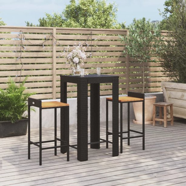 3-tlg. Gartenbar-Set Schwarz Poly Rattan & Massivholz Akazie
