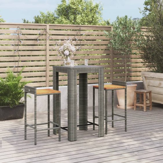 3-tlg. Gartenbar-Set Schwarz Poly Rattan & Massivholz Akazie