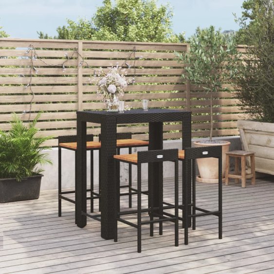 3-tlg. Gartenbar-Set Schwarz Poly Rattan & Massivholz Akazie