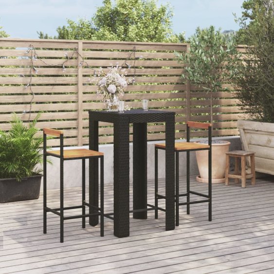 3-tlg. Gartenbar-Set Schwarz Poly Rattan & Massivholz Akazie