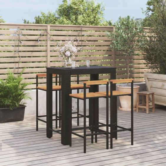 3-tlg. Gartenbar-Set Schwarz Poly Rattan & Massivholz Akazie