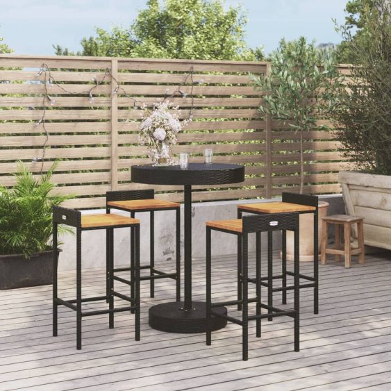 3-tlg. Gartenbar-Set Schwarz Poly Rattan & Massivholz Akazie