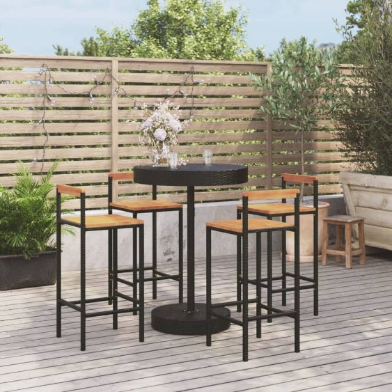 3-tlg. Gartenbar-Set Schwarz Poly Rattan & Massivholz Akazie
