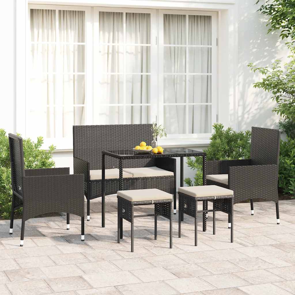6-tlg. Garten-Lounge-Set mit Kissen Schwarz Poly Rattan