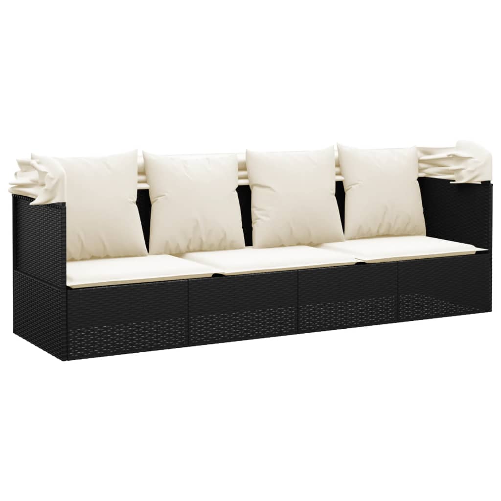 vidaXL Outdoor-Loungebett mit Dach und Kissen Schwarz Poly Rattan