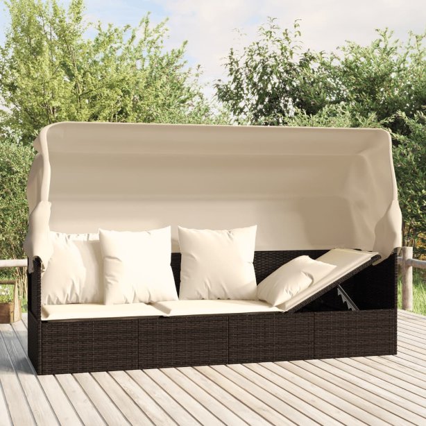 vidaXL Outdoor-Loungebett mit Dach und Kissen Schwarz Poly Rattan