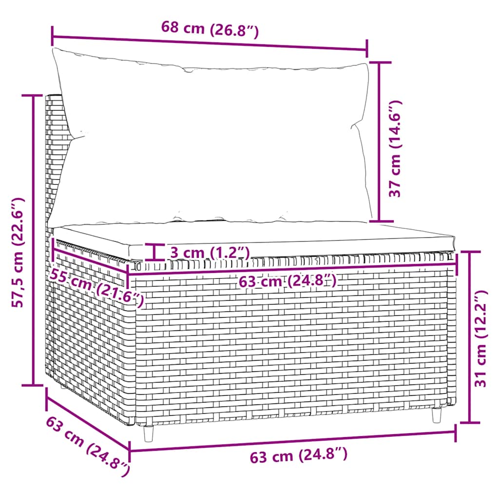 vidaXL Garten-Mittelsofa mit Kissen Schwarz Poly Rattan